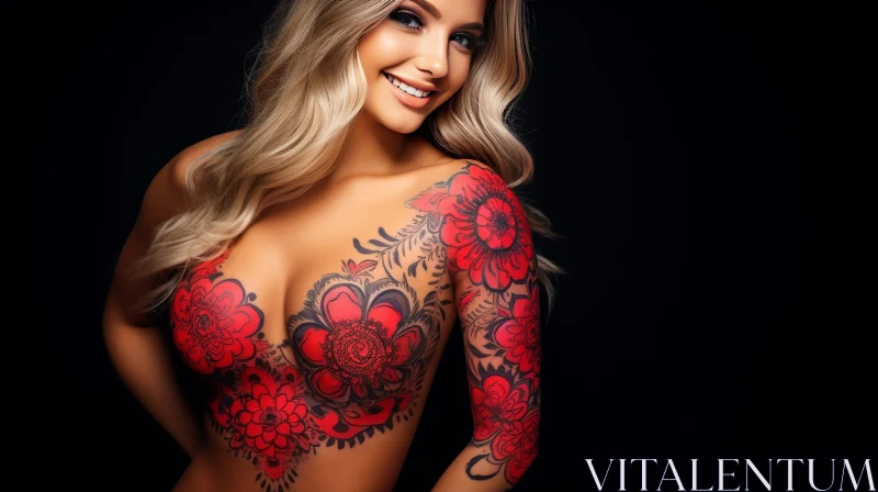 AI ART Young Blonde Woman with Floral Tattoo in Black Lace Bra