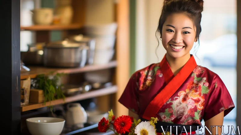 Asian Woman in Red Floral Kimono Smiling in Kitchen AI Image