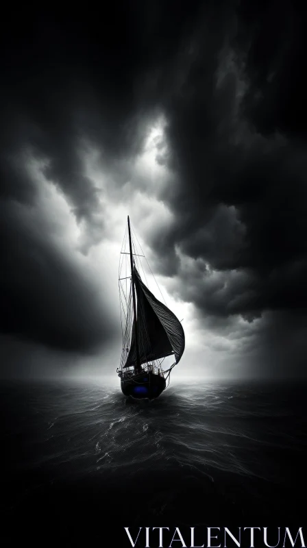 Dark Stormy Night Sailboat in Rough Waves AI Image