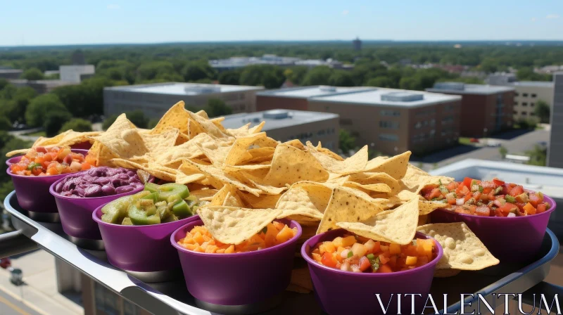 AI ART Delicious Snack: Tortilla Chips & Salsas on Rooftop with City View