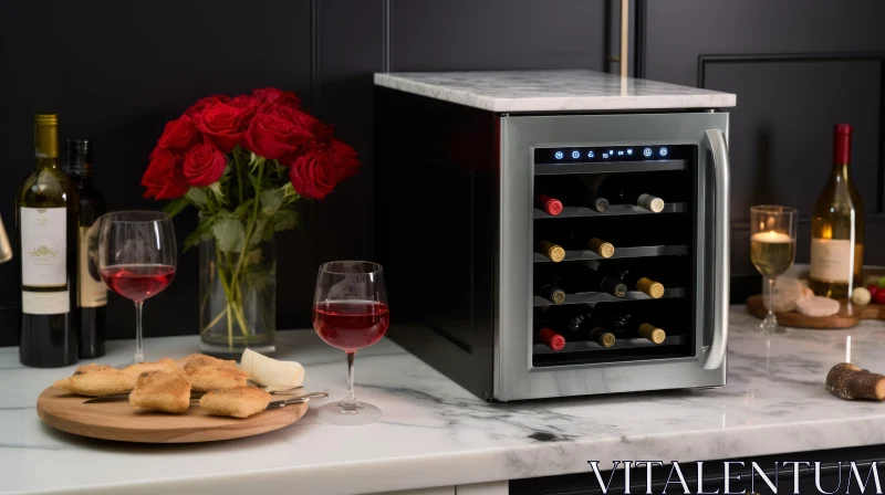 Elegant Wine Cooler with Red Wine, Cheese, and Roses AI Image