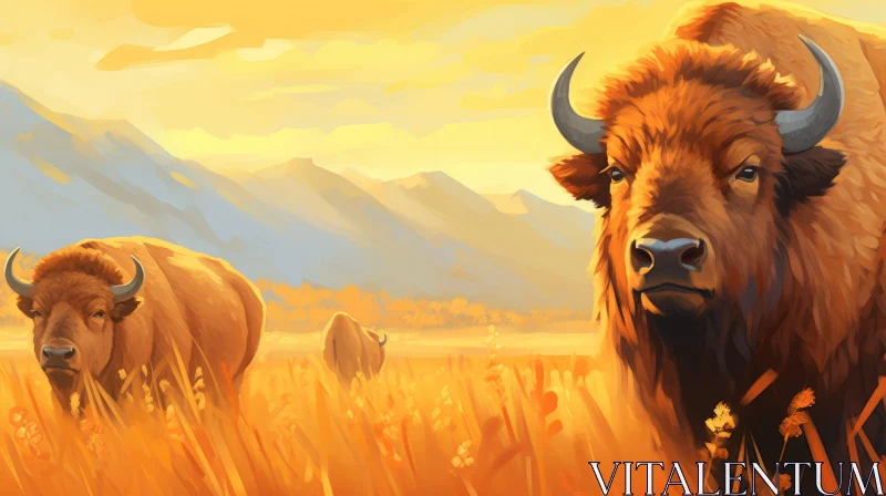 Majestic Bison Painting in Grass Field AI Image