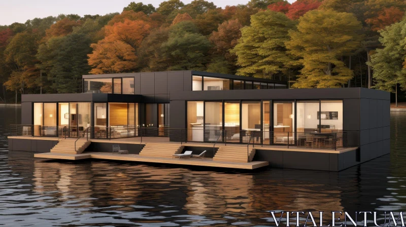 Modern Houseboat Surrounded by Fall Trees AI Image
