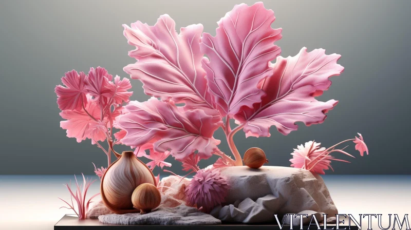 AI ART Pink Leaves and Flowers 3D Rendering