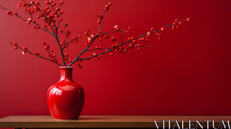 Red Vase with Berries and Flowers on Wooden Table AI Image