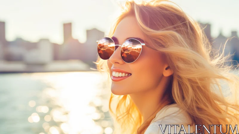 AI ART Smiling Blonde Woman in Sunglasses - City Skyline Background