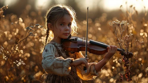 Sunset Serenade: Young Girl Playing Violin in Field