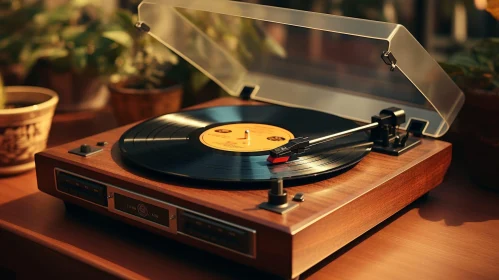 Vintage Turntable Record Player on Wooden Table