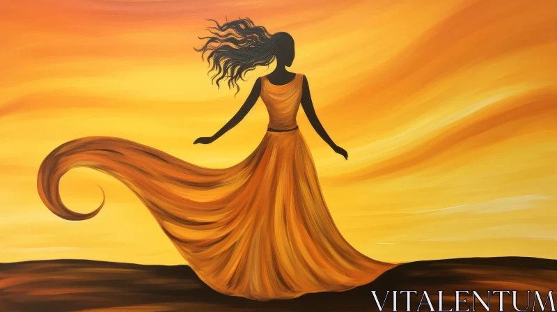 Woman in Yellow Dress at Sunset - Abstract Nature Painting AI Image