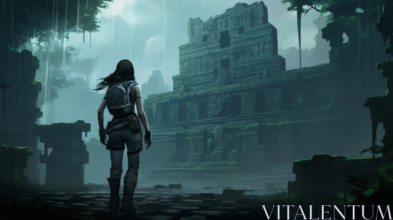 Ancient Ruins Exploration: Woman at Overgrown Temple AI Image