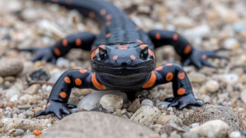 Black Salamander with Orange Spots on Rocks