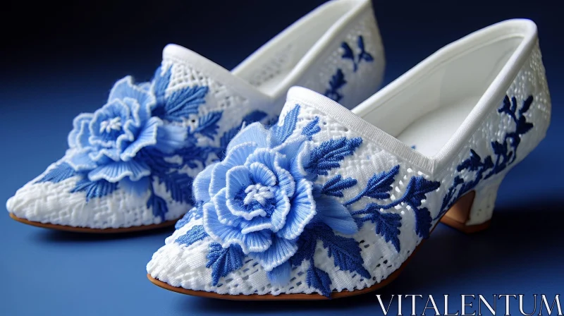 AI ART Blue and White Porcelain Floral Shoes on Blue Background