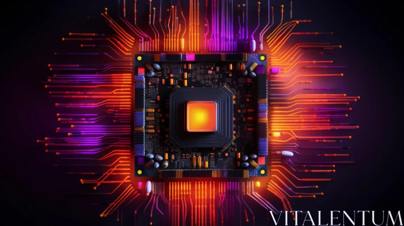 AI ART Computer Chip 3D Illustration - Orange and Purple Background