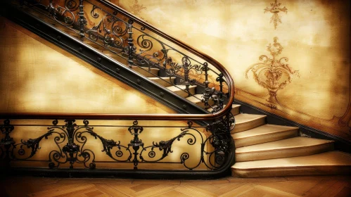 Elegant Wooden Staircase with Floral Metal Railing