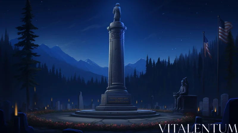 Enigmatic Cemetery Night Scene with Statues and Stars AI Image