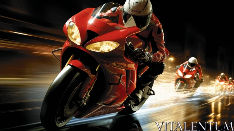 Man Riding Red Sport Motorcycle in Dark Tunnel AI Image