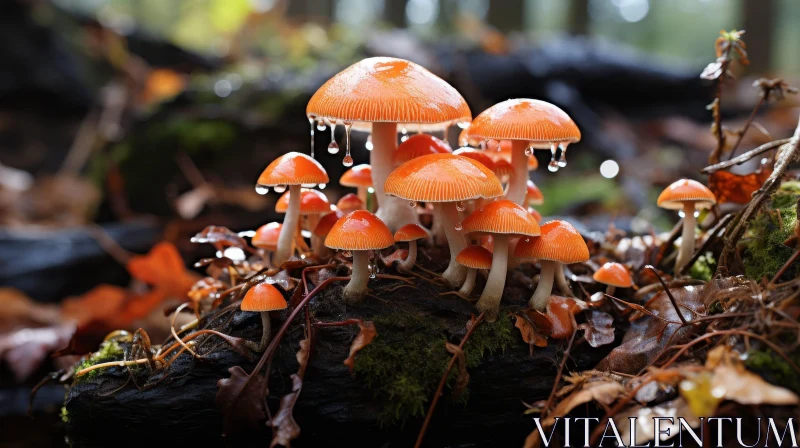 AI ART Orange Mushroom Cluster on Rotting Log in Forest