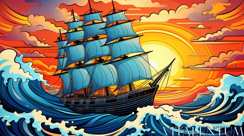 Sailing Ship at Sea Digital Painting AI Image