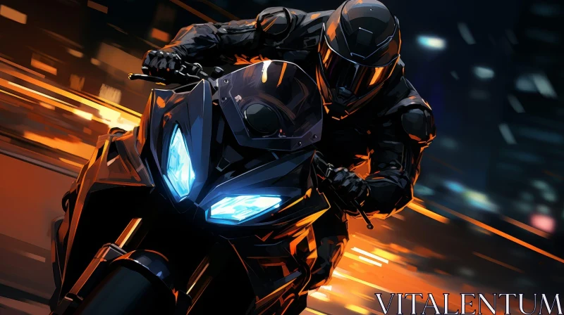 Speedy Motorcyclist in Black Suit on Black Motorcycle AI Image