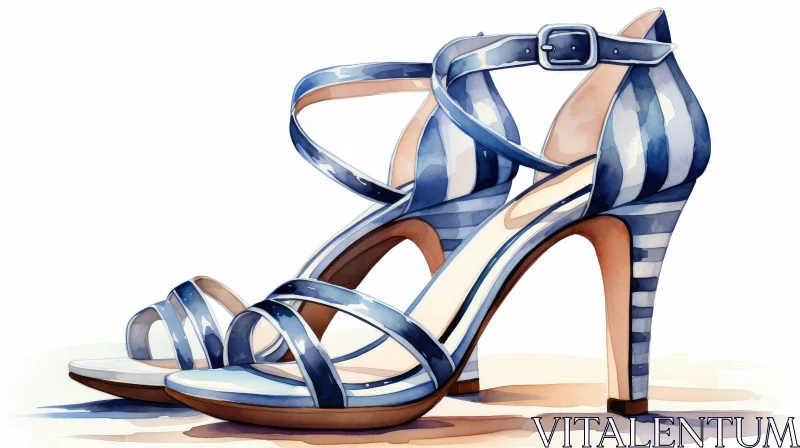 AI ART Blue High-Heeled Sandals Watercolor Painting