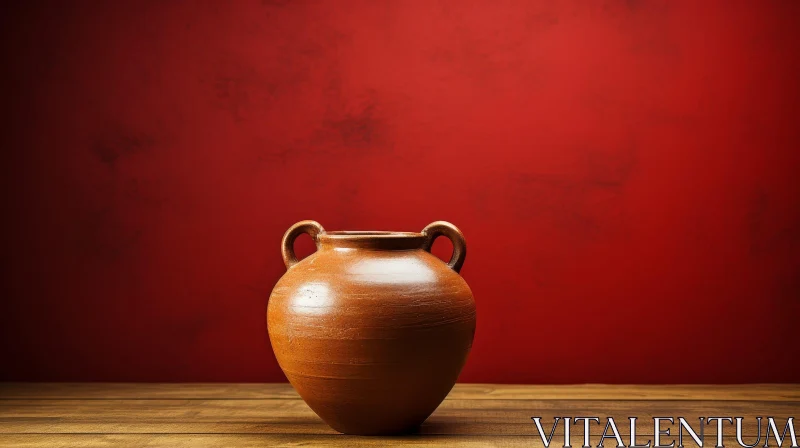 Clay Jug Still Life on Wooden Table with Red Background AI Image