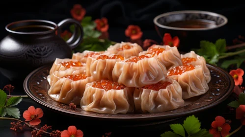 Delicious Dumplings with Red Caviar on Brown Plate