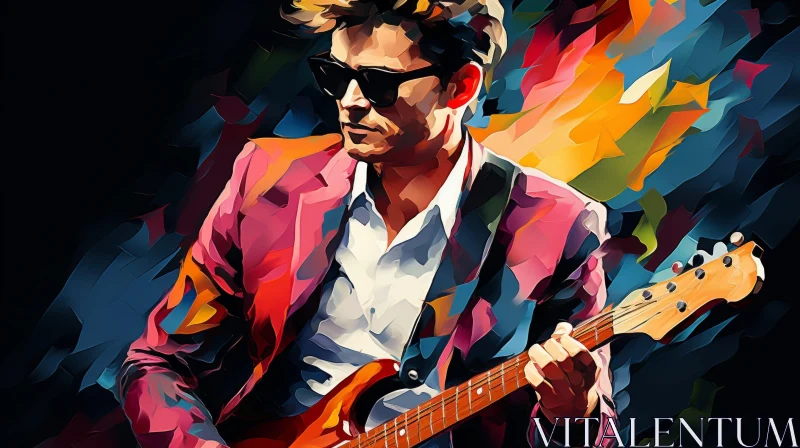 Musician Portrait Playing Guitar in Pink Suit AI Image