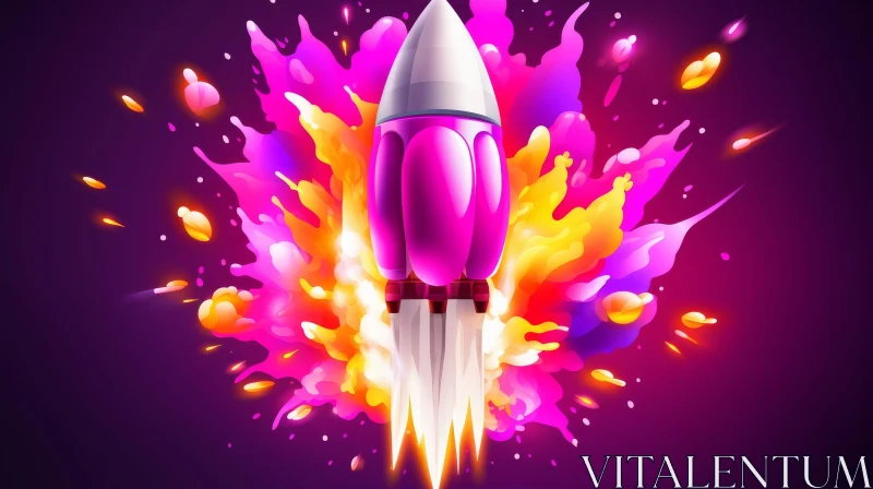Pink Rocket Ship Launching from Colorful Explosion AI Image