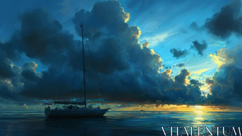 Sailboat Painting on Rough Sea AI Image