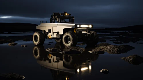 Self-Driving Car Prototype in Rocky Terrain at Night