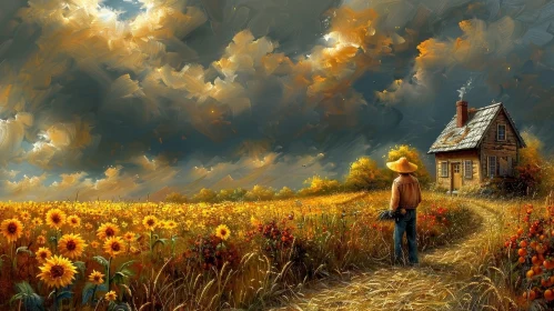 Serene Farmer in Sunflower Field Painting