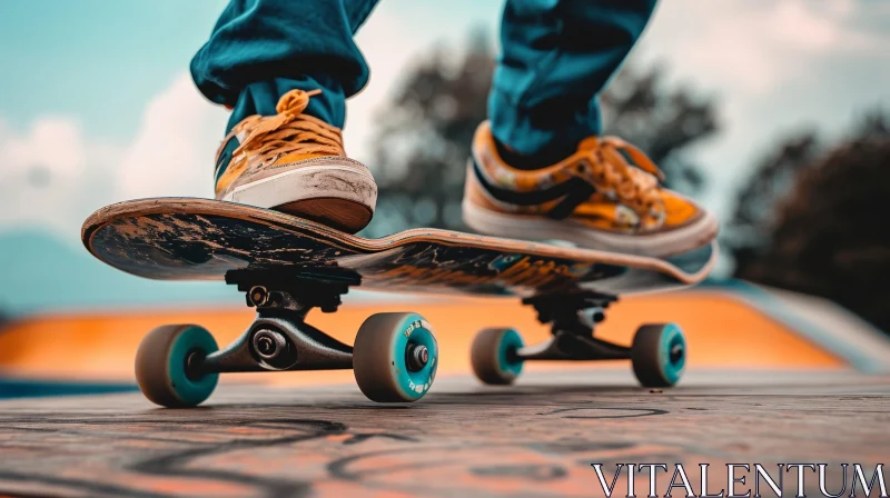 Skateboarder Riding Blue and Yellow Skateboard on Wooden Ramp AI Image
