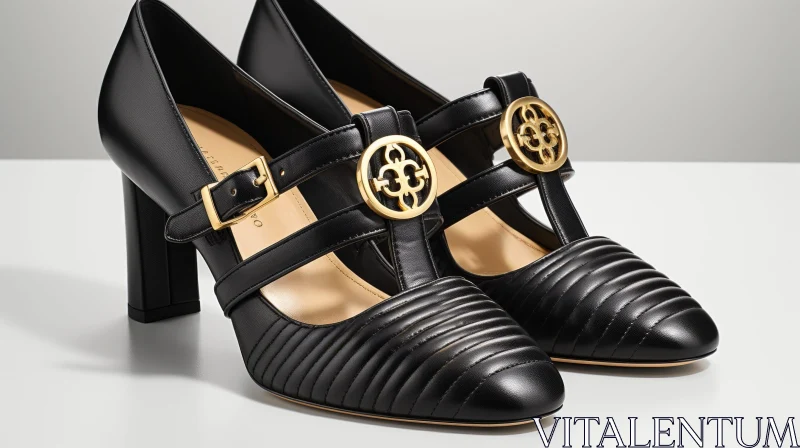 Stylish Black Leather Women's Shoes with Gold Buckles AI Image