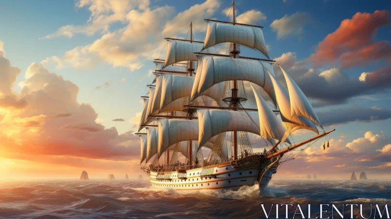 Tall Ship Sailing on Stormy Seas - Digital Painting AI Image