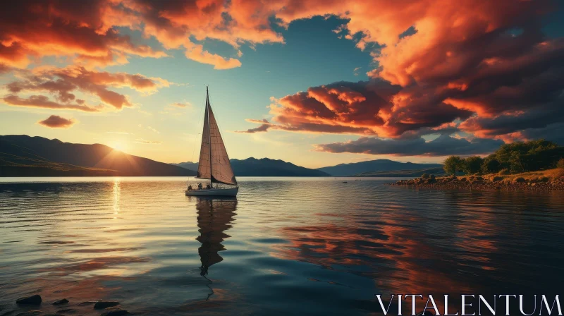 Tranquil Lake Sunset with Sailboat AI Image
