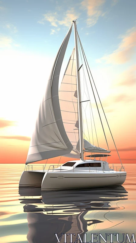AI ART Tranquil Sunset Catamaran Sailing on Calm Ocean
