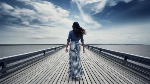 Tranquil Woman on Wooden Pier Under Blue Sky