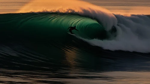 Barrel Wave Surfer at Sunset