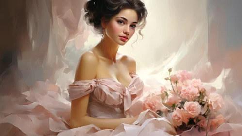 Beautiful Young Woman Portrait with Pink Roses