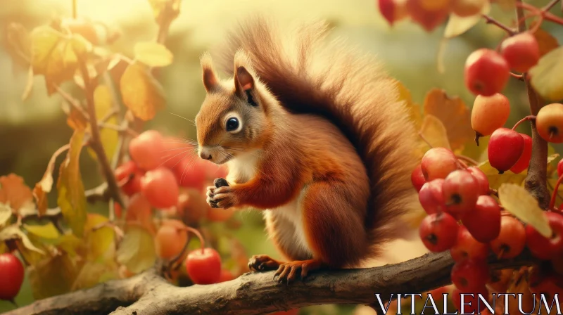 Charming Red Squirrel on Tree Branch with Nut AI Image