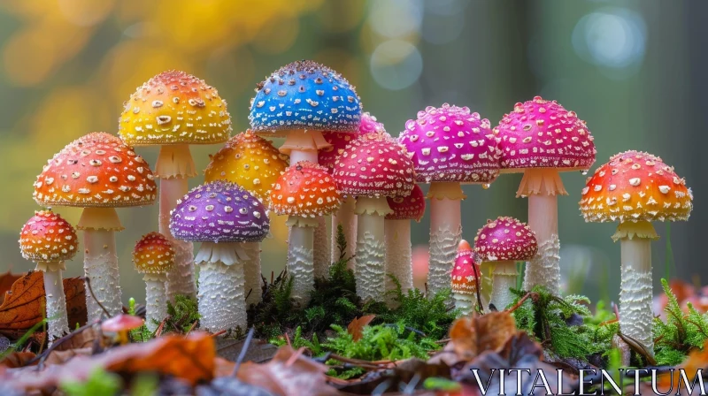 Colorful Mushroom Group in Green Moss AI Image