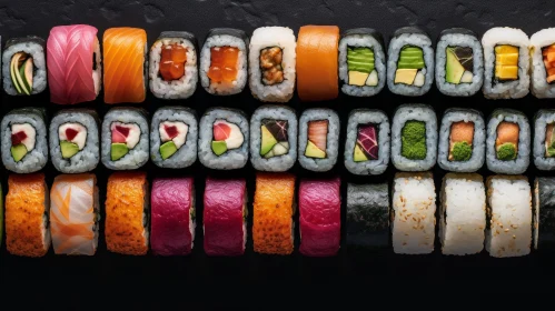 Delicious Sushi Rolls on Black Stone Background