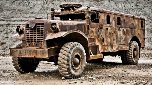 Forgotten Relics: Abandoned Rusty Military Truck in Desolate Junkyard