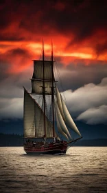 Golden Glow: Stunning Sailing Ship in Stormy Sunset