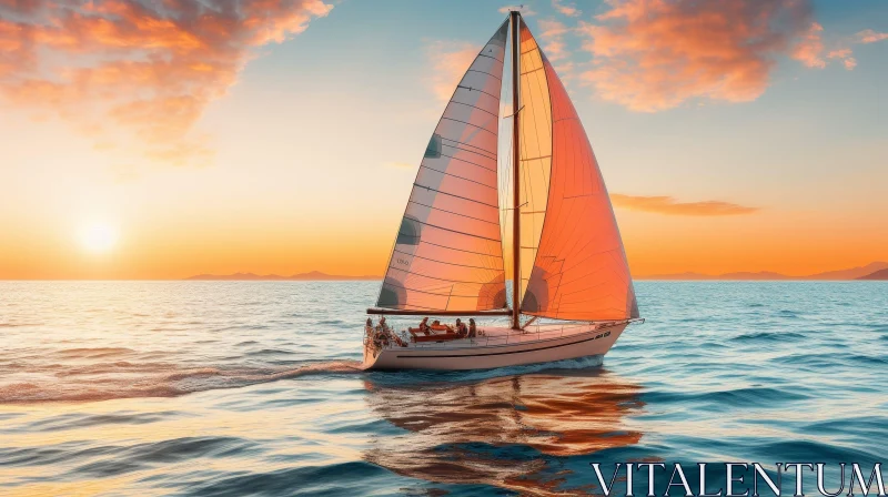 AI ART Orange Sailboat Sailing at Sunset