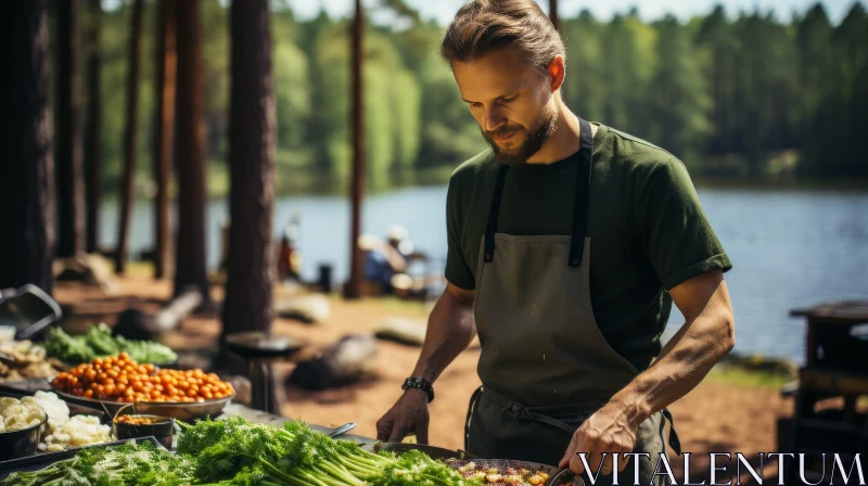 Outdoor Cooking Scene with Man and Ingredients AI Image