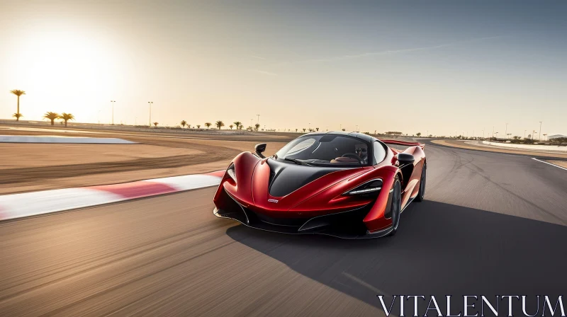 Red McLaren Senna Sports Car Racing in Desert Landscape AI Image