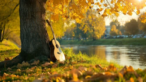 Tranquil Guitar by Tree in Park with River Background