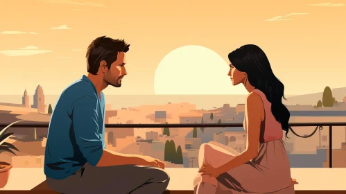 Urban Sunset Painting with Man and Woman