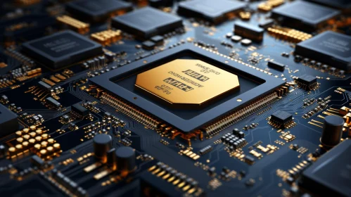Computer Processor Close-Up: Gold Chip on Black Circuit Board AI Image